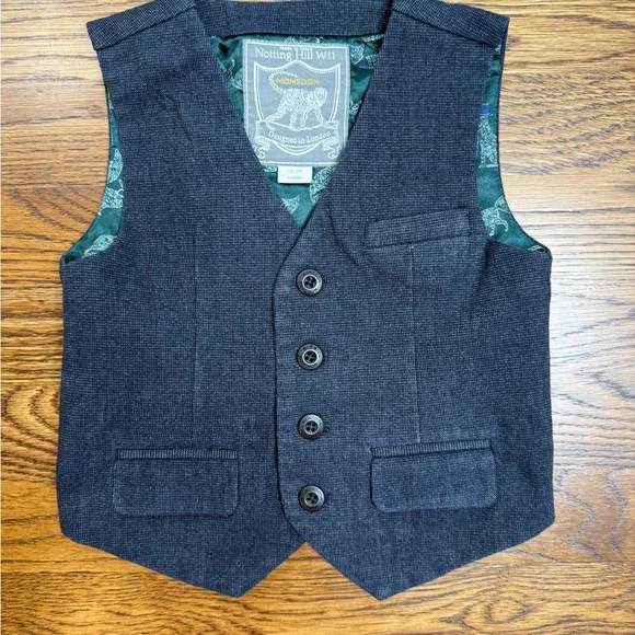Monsoon Notting Hill W11 Navy/ Gray Vest w/ Green Fox Print Lining Sz 18-24 Mths - Picture 2 of 10